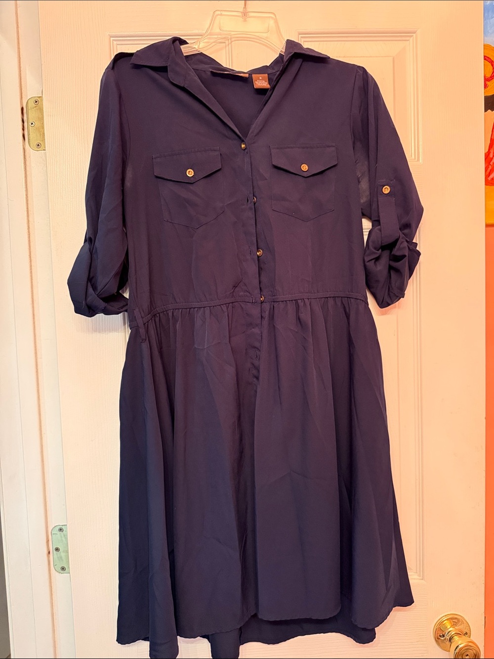Navy Button-Front Shirt Dress with Roll-Tab Sleeves